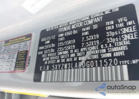 2013 Hyundai Santa Fe Sport 2.0T z USA, uszkodzony, nr VIN 5XYZW3LA8DG011520